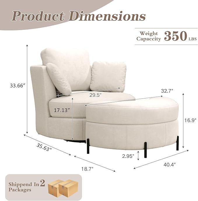 Mlmh &amp Kngwa Oversized Swivel Chair with Ottoman 40.4 inch Round Swivel Accent Chair and A Half Moon Ottoman with 3 Pillows Chenille Cozy Reading Chairs for Bedroom Living Room Beige