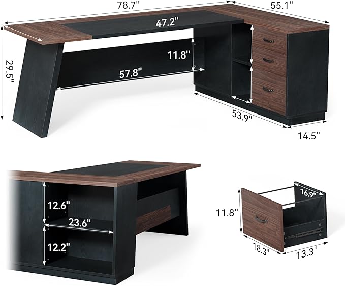 LITTLE TREE 78-Inch Executive Office Desk with File Cabinet Large Modern Corner Office Desk for Home Office 3-Drawer Wood File Cabinet Spacious Workstation for Home Office (Brown &amp Black)