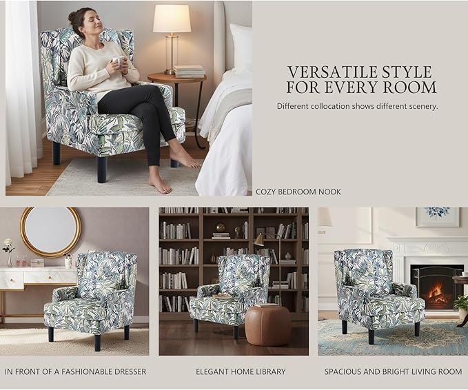 Modern Accent Chair for Living Room Chairs Oversized Reading Chair Accent Chairs for Living Room Sofa Chair with High Back and Wood LegsUpholstered Armchair Comfy Chair for Bedroom(Green Floral)