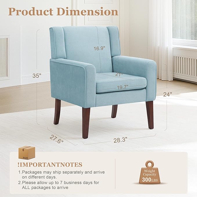Accent Chairs Set of 2 Mid-Century Reading Chair with Wood Legs Upholstered Comfy Living Room Chair for Bedroom Apartment Waiting Room Light Blue