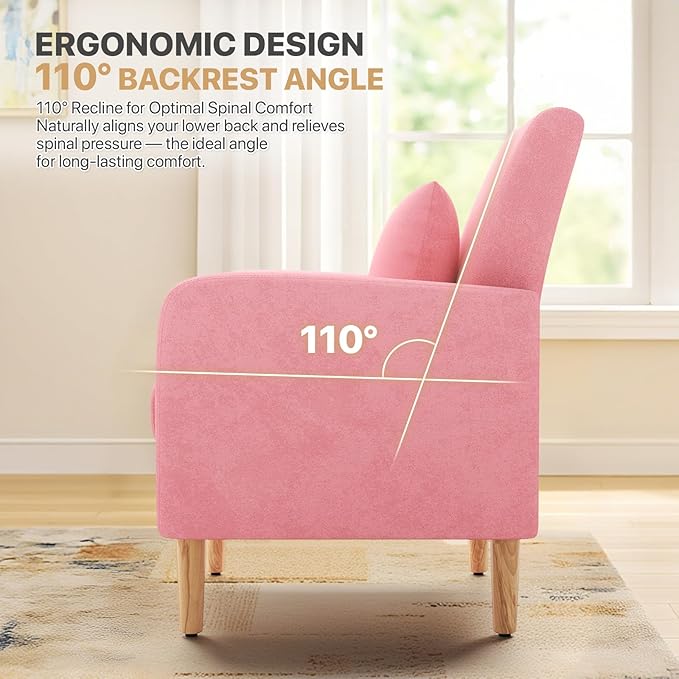 Magshion Mid-Century Accent Chair for Living Room Comfy Reading Chair for Bedroom Upholstered Linen Fabric Armchair Single Sofa with Back Pillow &amp Wood Legs 300 lbs Capacity Pink