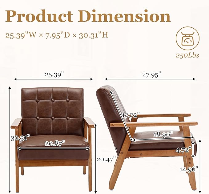 PU Leahter Accent Chair Set of 2 Mid-Century Modern Armchair with Solid Wood Armrests Button-Tufted Comfortable Cushioned Reading Chairs for Living Room Bedroom (Brown