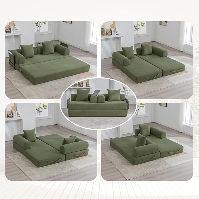 4‑in‑1 Convertible Sleeper Sofa Bed DIY Combination Floor Sofa Lounge Couch with Cylindrical Pillow Corduroy Futon Folding Mattress Couch for Apartment Bedroom Playroom Green
