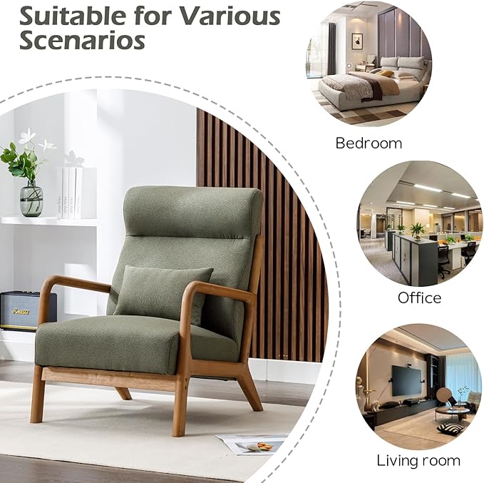 INZOY Mid Century Modern Accent Chair with High Back Upholstered Living Room Chairs with Waist Cushion Wood Frame Reading Armchair for Bedroom Sunroom Green