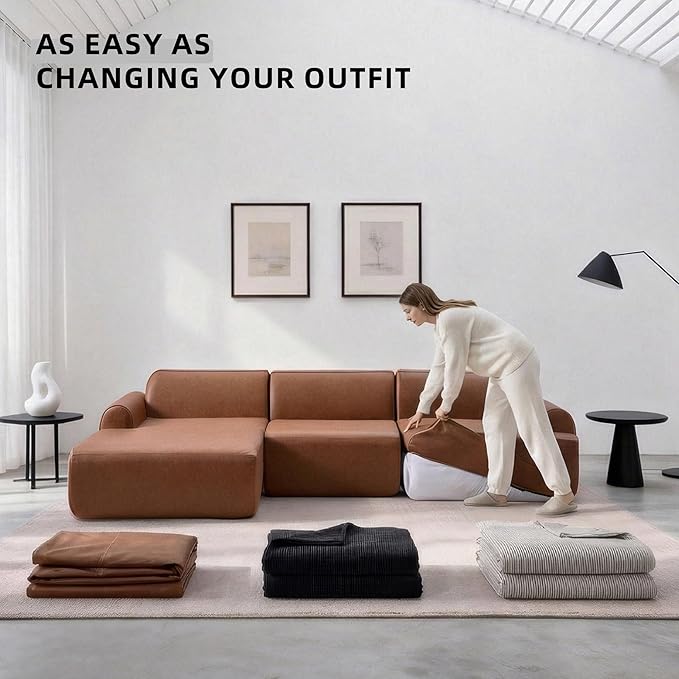 105” Modular Faux Leather Cloud Couch Deep Seat L-Shaped Sectional with Removable Wipe-Clean Covers and Replaceable Cover Design for Living Room (Orange 3 Seater+Left Facing Chaise)