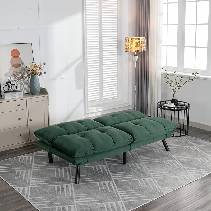 Anwick Futon Sofa Bed Velvet Convertible Futon Sleeper Couch 71 Sleeper Sofa Bed with Adjustable Backrest Modern Loveseat Couch for Compact Living Room Apartment Office (Green)