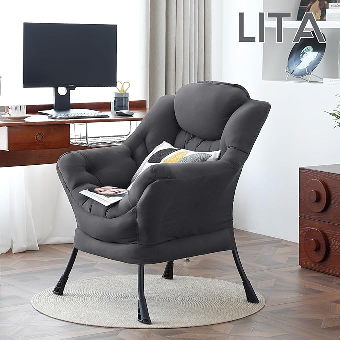 LITA Lazy Chair with Armrests and Side Pocket Modern Upholstered Accent Reading Chair for Living Room Bedroom Dorm Small Spaces Single Dark Grey