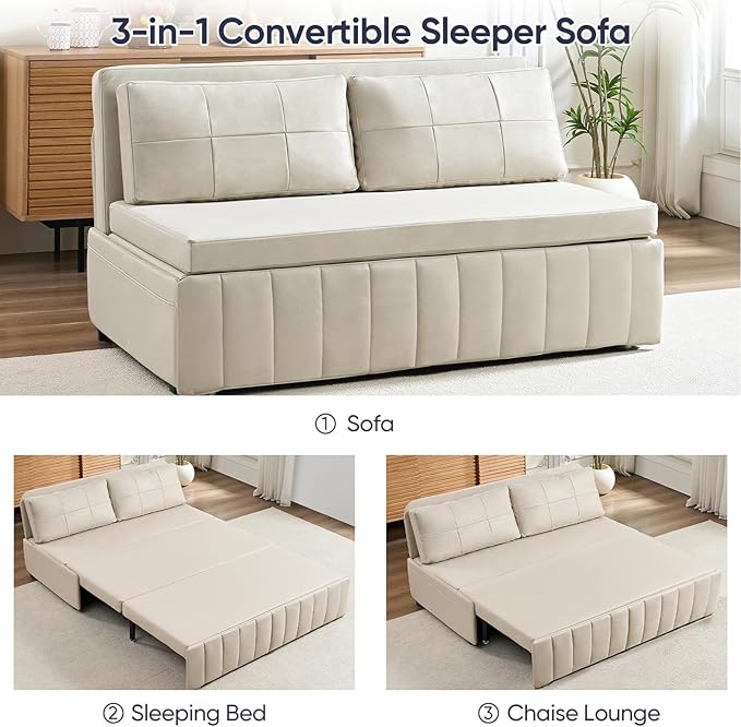 ijuicy 3 in 1 Queen Size Pull Out Sofa Bed Leathaire Sleeper Sofa with Pullout Bed Convertible Loveseat Couch with Pillows and Tri-fold Mattress for Small Spaces Apartment Beige