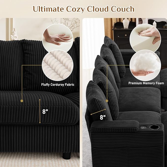 110 Oversized Cloud Couch U Shaped Modular Sectional Sofa L Shaped Sectional Couches for Living Room Comfy Corduroy Cloud Sofa with Ottoman USB Port Cup Holder Armrest Storage Side Pocket Black