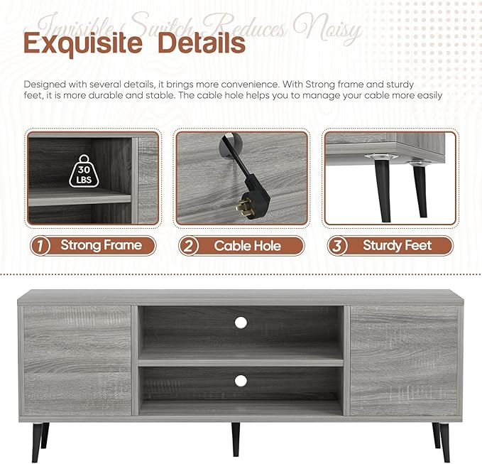 YESHOMY Modern TV Stand for 65 Television Entertainment Center with Two Storage Cabinets Retro Style Media Console for Living Room Bedroom Office 58 Inch Light Gray