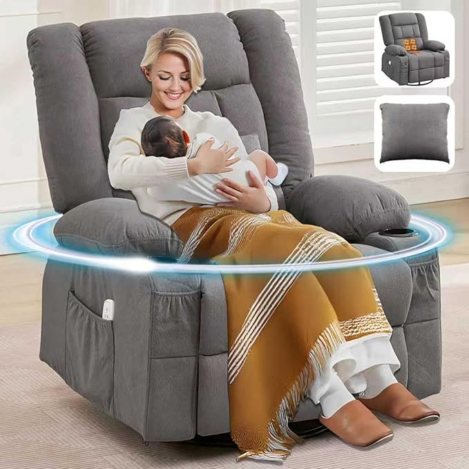 Oversized Swivel Rocker Recliner with Throw Pillow for Adult Kneading Massage Recliners Chair with Heat | USB | Cup Holders Gray Nursery Recliner Chair for Living Room Bedroom (Normal Grey)