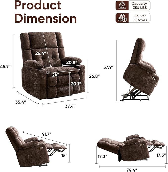 Oversized Power Recliner Chair for Elderly with Massage and Heat Dual Motor Lay Flat Recliner with Arm StorageLift Chair for Big Tall Infinite PositionExtended Footrest Lving Room Coffee