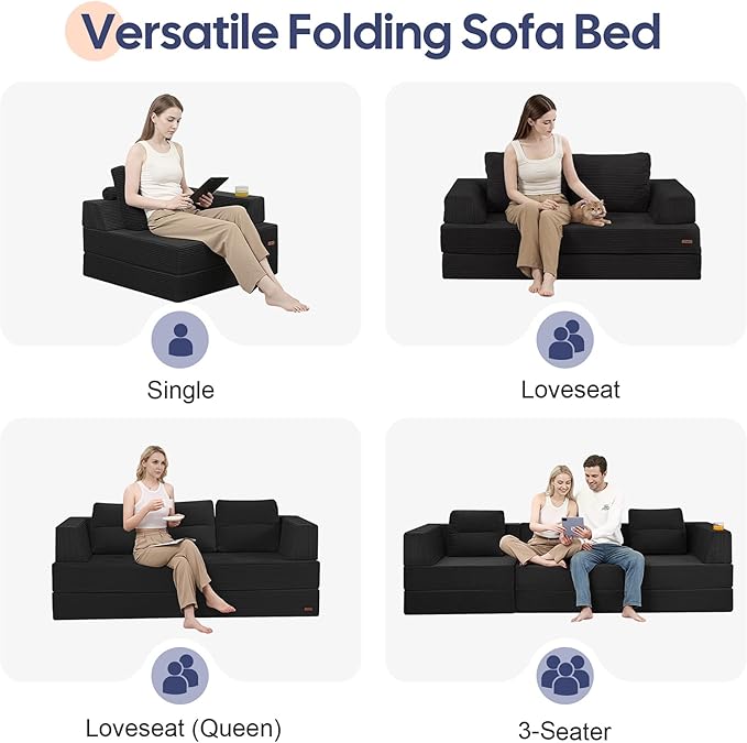 COMAX Folding Sofa Bed Foldable Couch for Bedroom Corduroy Convertible Floor Sleeper Futon Chair Foam 3 in 1 Fold Out Chair Portable Comfy Lounge Couch Single Sofa Bed for Small Space Guest Room