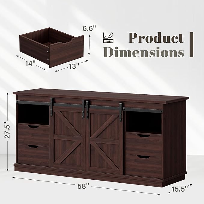 YESHOMY Farmhouse TV Stand for Televisions up to 65 Inch Wood Entertainment Center with Sliding Barn Doors and 4 Storage Drawers 58’’ Media Console Cabinet with Shelves for Living Room Espresso