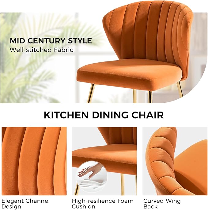HULALA HOME Dining Chairs Set of 2 Velvet Upholstered Kitchen &amp Dining Room Chairs with Metal Legs Vanity Chair Armless Side Chairs for Living Room Bedroom Restaurant Channel Curved Backrest Ora