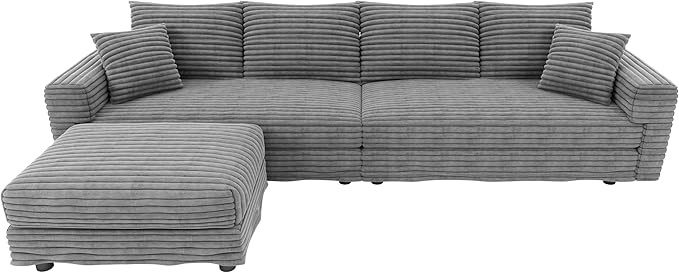 Ball &amp Cast 102.4 Plush Corduroy 4 Seater Sofa with Movable OttomanDeep Seat L Shaped Cloud Couches with Soft PillowsComfy Convertible Sectional Couch Lounge Chair for Living RoomOfficeGrey