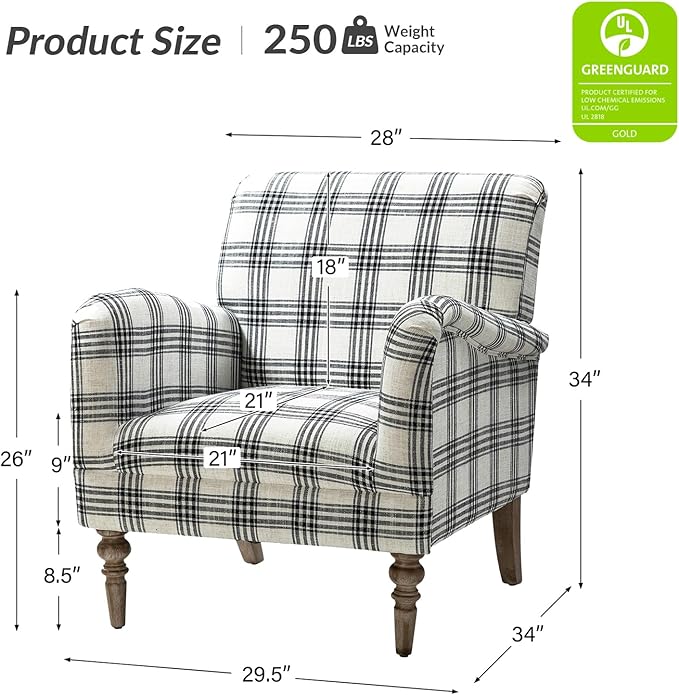 HULALA HOME Modern Accent Chair with Arms &amp Wooden Legs Comfy Upholstered Armchair Sofa Chair for Bedroom Living Room(Plaid Pattern Black)