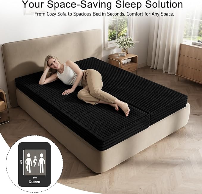 MeMoreCool Convertible Sofa Bed Folding Floor Couch Bed Queen Pull Out Sleeper Couch with Pillows Fold Out Futon Sofa for Bedroom Living Room Small Space Corduroy Black