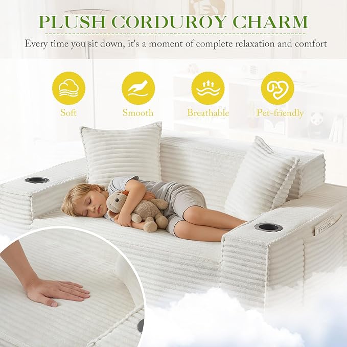 Boneless Corduroy Loveseat Sofa 61-Inch Small Comfy Cloud Deep Seat Couch with Cup Holder Modern Couch for Living Room Bedroom No Assembly White