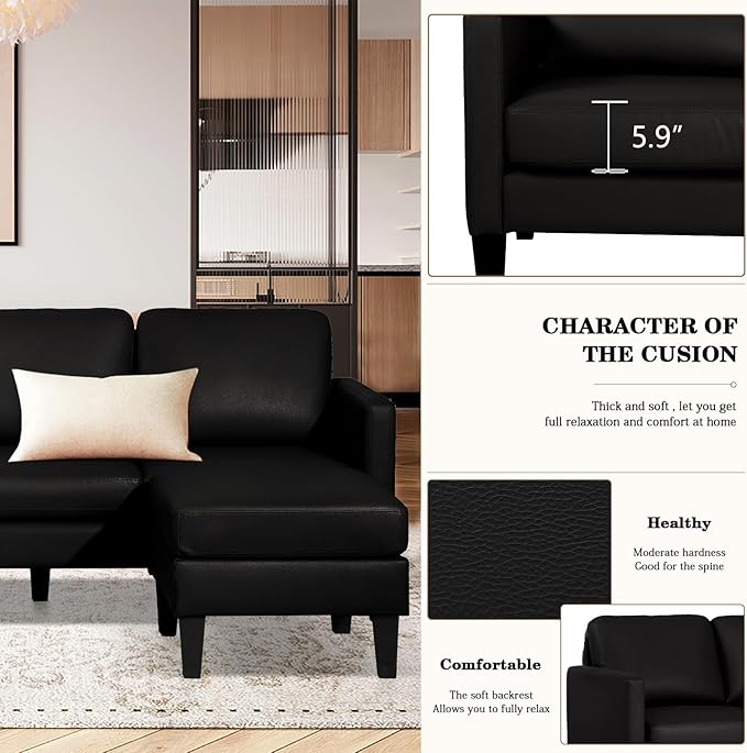 Leather L-Shaped Faux Leather Sofa Couch - Convertible Sectional Sofa - 3 Seat Couch with Chaise - Black
