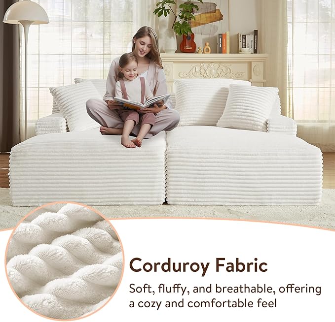 Oversized Double Chaise Lounge Chair Indoor Fluffy Upholstered Corduroy Sofa Bed with Throw Pillows Comfy Sleeper Deep Seat Sectional Loveseat Sofa Couch for Living Room (Beige)