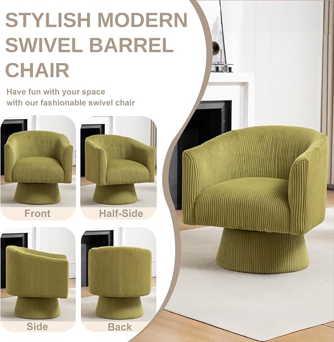 Swivel Accent Chair Modern 360° Barrel Chair Corduroy Upholstered Single Sofa for Living Room Bedroom(Green)