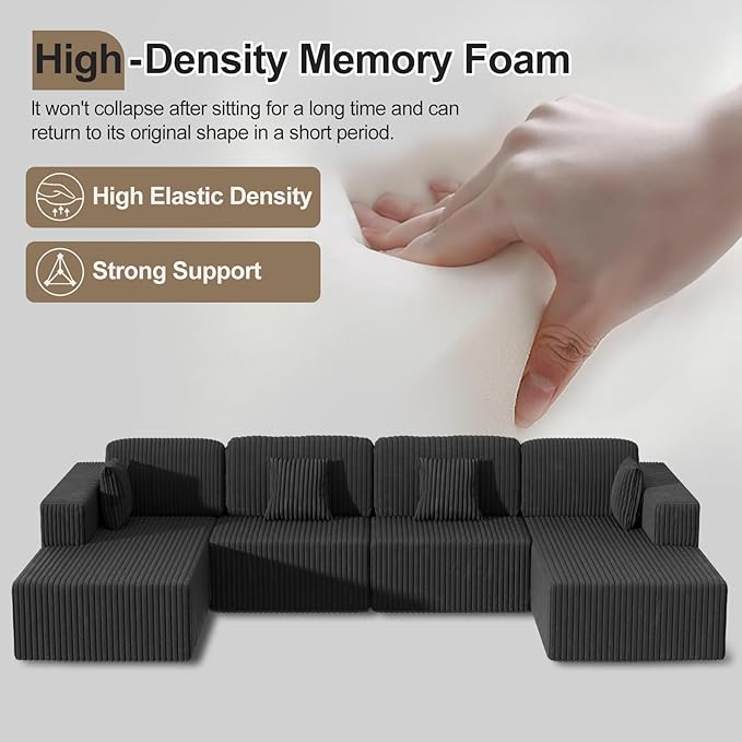 132 U Shaped Couch Oversized Modular Sectional Sofa with Chaise Corduroy U Shaped Couch with Deep Seat Boneless Couches for Living Room No Assembly Required Gray