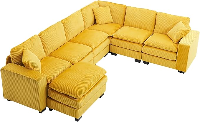 143 Large Modular Sectional Sofa Convertible U - L Shaped 6-Seat Sofa Couch with One Ottoman Chaise and Pillows Sectional Couches Comfy Corduroy Upholstered Sofa Sleeper for Living Room (Yellow)