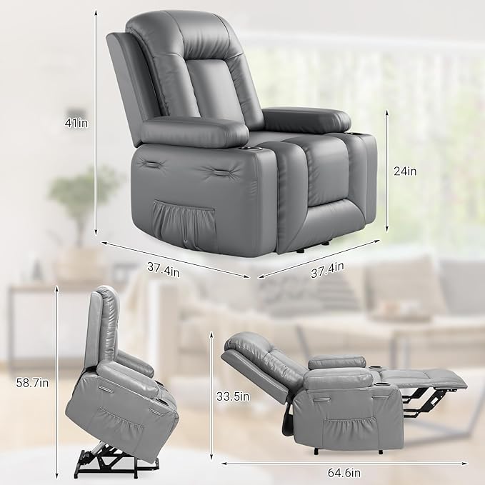Power Lift Recliner with Heat and Massage – Adjustable Reclining Chair for Elderly with Cup Holders Side Pockets and USB Port for Living Room 22 Seat Grey
