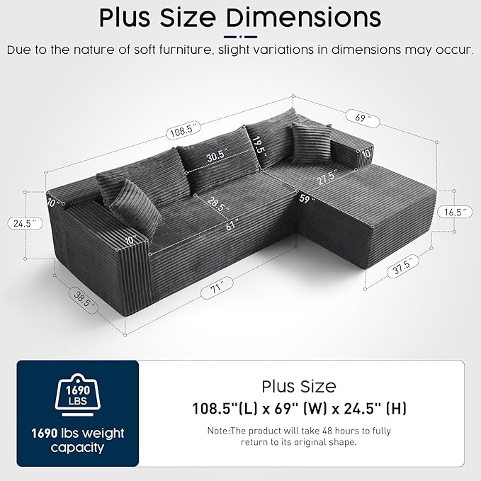 Grey Modular Sectional Couch with 108 L-Shape Chaise Deep Seat Corduroy Sofa Plush Fabric Cloud-Like Couches for Living Room No Assembly Modern Minimalist Furniture (Left Facing Chaise)