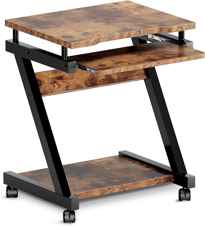 sogesfurniture Small Mobile Computer Desk with Keyboard Tray Z-Shaped Compact Study Table Rolling Workstation for Home and Office with Printer Shelf Keyboard Drawers Rustic Brown