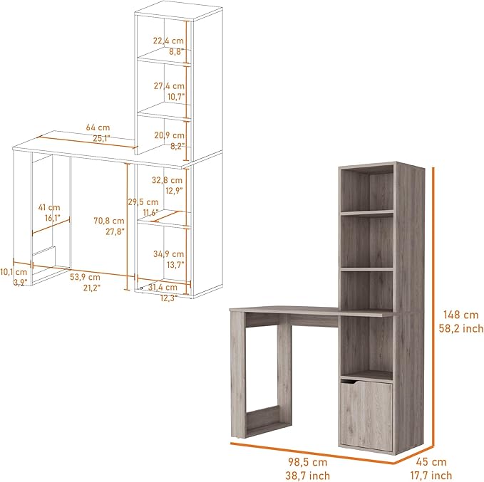 Home Office Desk Computer Desk with 4-Tier Bookcase and 1-Door Cabinet Gray