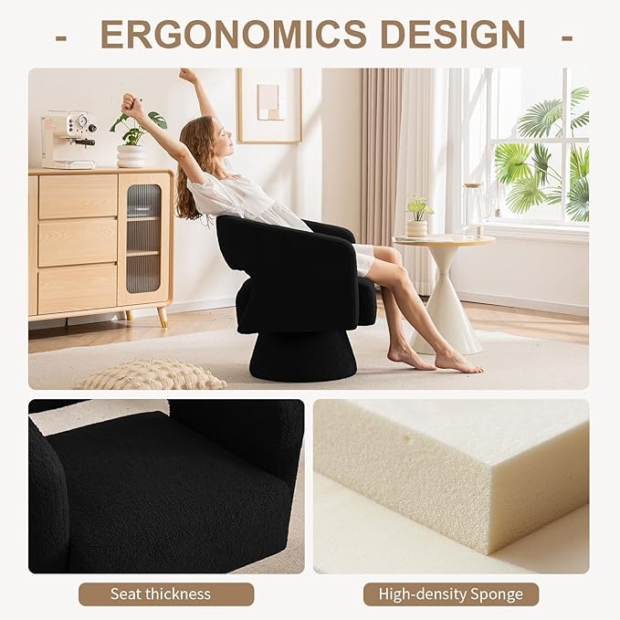 ClinQ Swivel Barrel Accent Chair Oversized Teddy Upholstered Round Swivel Chairs Set of 3 Modern Luxury 360° Living Room Vanity Chair for Bedroom Office&ampLiving Room Black