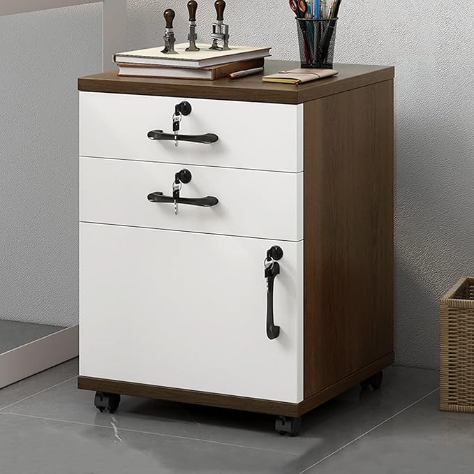 File Cabinet with Lock and Drawer 2-Drawer Vertical Filing Cabinet with Doors Mobile Under Desk Storage Cabinet with 360° Swivel Wheels for Legal/Letter/A4 Documents(Walnut Color+White)
