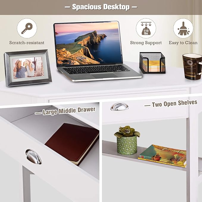 KOTEK Corner Desk with Drawer and Shelves Wooden Home Office Desk Triangle Computer Desk Writing Study Desk Computer Workstation Makeup Vanity Table (White)