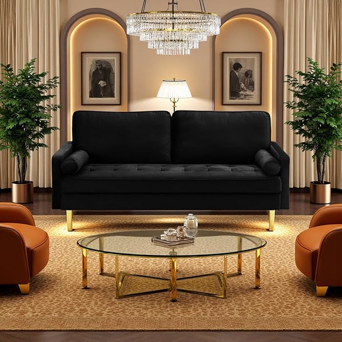 65'’ Velvet Upholstered Loveseat Sofa with Gold Metal Legs Modern Tufted Backrest Couch Solid Wood Frame for Living Room BedroomApartmentOfficeSmall Space (Black)