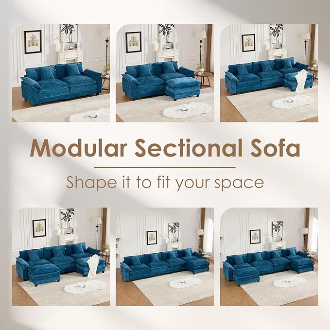 152.8 Modern Chenille Modular Cloud Sofa 4 Seater L Shaped Couch with Spring Cushions Featuring Deep Seats and Pillows Easy Assembly Comfy Large Sectional Couches for Living Room Blue