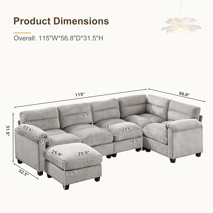 115 Modular Sectional U Shaped Corner Sofa with Movable Ottoman Corduroy 6-Seater Couches with Thick Cushion for Living Room Grey
