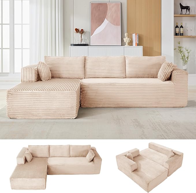 110 Modular Sectional Sofa Cloud Sectional Couch with L-Shape Chaise Modern Modular Couches with Deep Seat Corduroy Sponge Compressed Sofa for Living Room No Assembly Required (Beige)