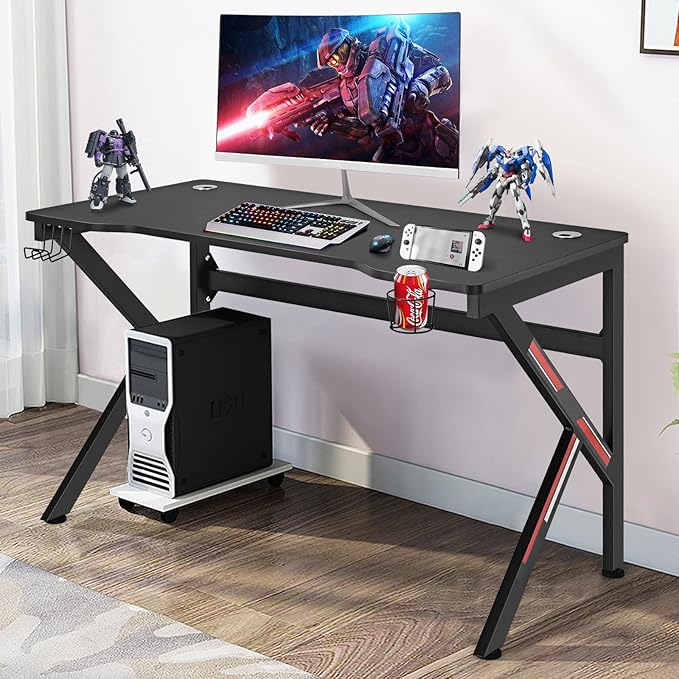 Tangkula 48 Inch Gaming Desk K-Shaped Racing Style PC Computer Desk with Cup Holder &amp Headphone Hook Gamer Workstation with 2 Cable Management Holes Ergonomic Home Office Desk for Gaming (Black