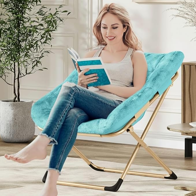 Collapsible Soft Faux Rabbit Fur Saucer Lounge Chair Comfy Lounge Lazy Chair Metal Frame Reading Chairs for Office Living Room Bedroom Small Spaces No Assembly Green