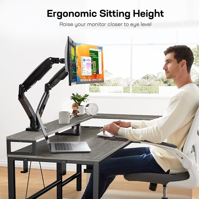Marsail L-Shaped Computer Desk with Monitor Raiser &amp Printer Stand Home Office Corner Desk with Power Outlets &amp LED Light Ergonomic Gaming Desk with Cable Management Tray Hooks Grey