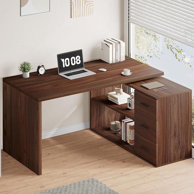 HSH Walnut Home Office Desk L Shaped with Drawers Reversible Wood Computer Desk Table for Executive Work Writing Study Gaming Rustic Corner L Desk with Storage Cabinet Shelves for Bedroom 55 Inch