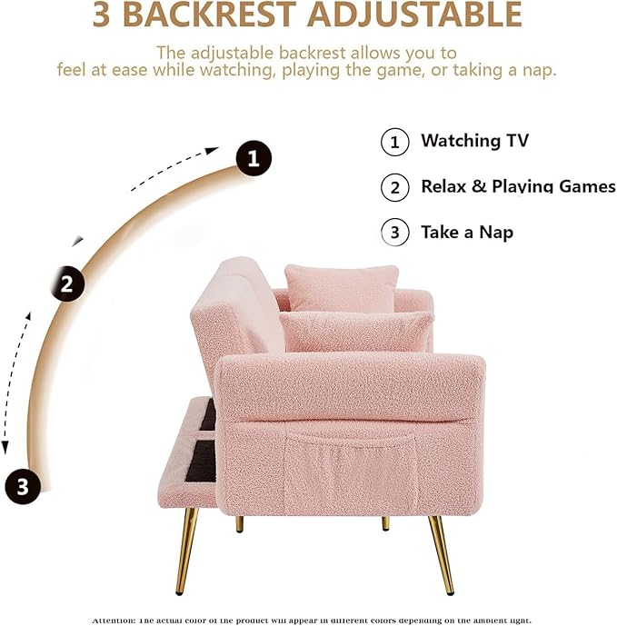 Pink Modern Teddy Velvet Convertible Folding Futon Couch Sofa Bed Adjustable Pillow Top Arm Memory Foam Couch Double Love Seat Sofa for Compact Space Dorm Apartment Bedroom Loveseat (Pink)