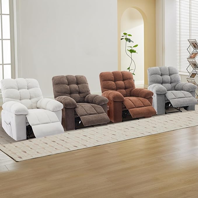 Dark Brown Ergonomic Recliner Chair - Overstuffed Rocking Recliner with Massage &amp Heat Wide High-Back Linen Reclining Chair Manual Adjustable with Remote &amp Dual Side Pockets for Living Room