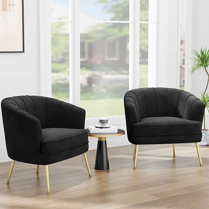 Andeworld Velvet Accent Chair Upholstered Modern Single Sofa Side ChairComfy Barrel Club Living Room Armchair with Golden Metal Legs for Bedroom Living Reading Room Office Black
