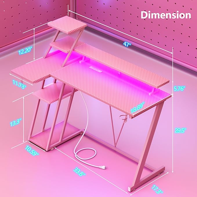 47 Inch Pink Gaming Desk with LED Lights &amp Power Outlet Gaming Computer Desk with Storage Shelves L Shaped Gamer Workstations with Monitor Stand for Bedroom