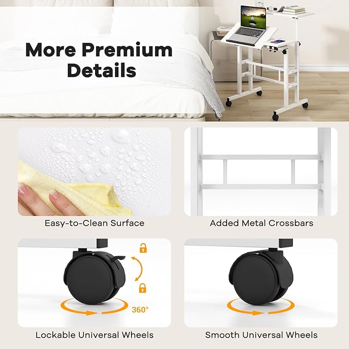 Tangkula Mobile Stand Up Desk Height Adjustable Home Office Desk with Standing &amp Seating 2 Modes Tilting Tabletop &amp Flexible Wheels Rolling Laptop Cart Sit Stand Desk (White)