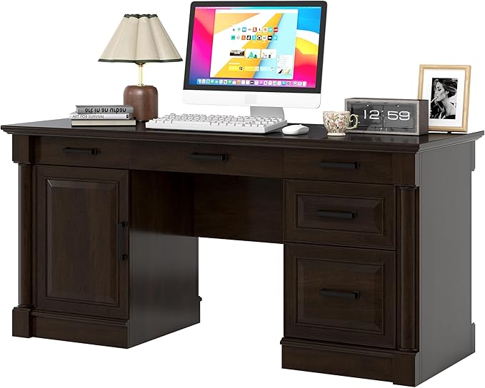 blini Large Farmhouse Executive Desk with DrawersWood Computer DeskEmbossed Texture Home Office Desk with File Cabinet Storage Cable Management Keyboard TrayWorking Table for Work Study Writing