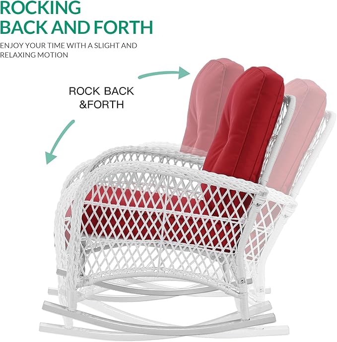 VIVIJASON Outdoor Wicker Rocking Chair Patio Rattan Rocker Chair with Cushions &amp Steel Frame All-Weather Rocking Lawn Rattan Furniture for Garden Backyard Porch (White Wicker/Red)